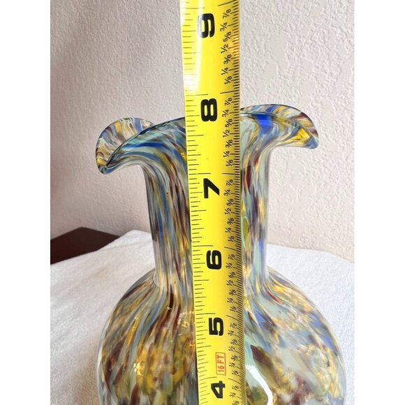 Hand-Blown Art Glass Vase Confetti Splash Swirl Pattern Ruffled Edge 7-3/4" - Picture 10 of 12